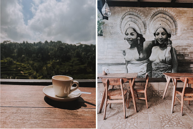 Chávena de café com campos de arroz atrás e parede com mural