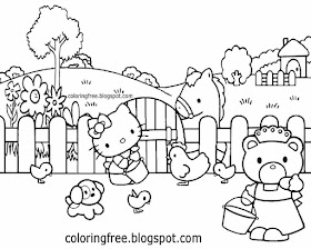 Feeding farmyard chickens free coloring dog and cat Hello Kitty drawing for teenagers to color in