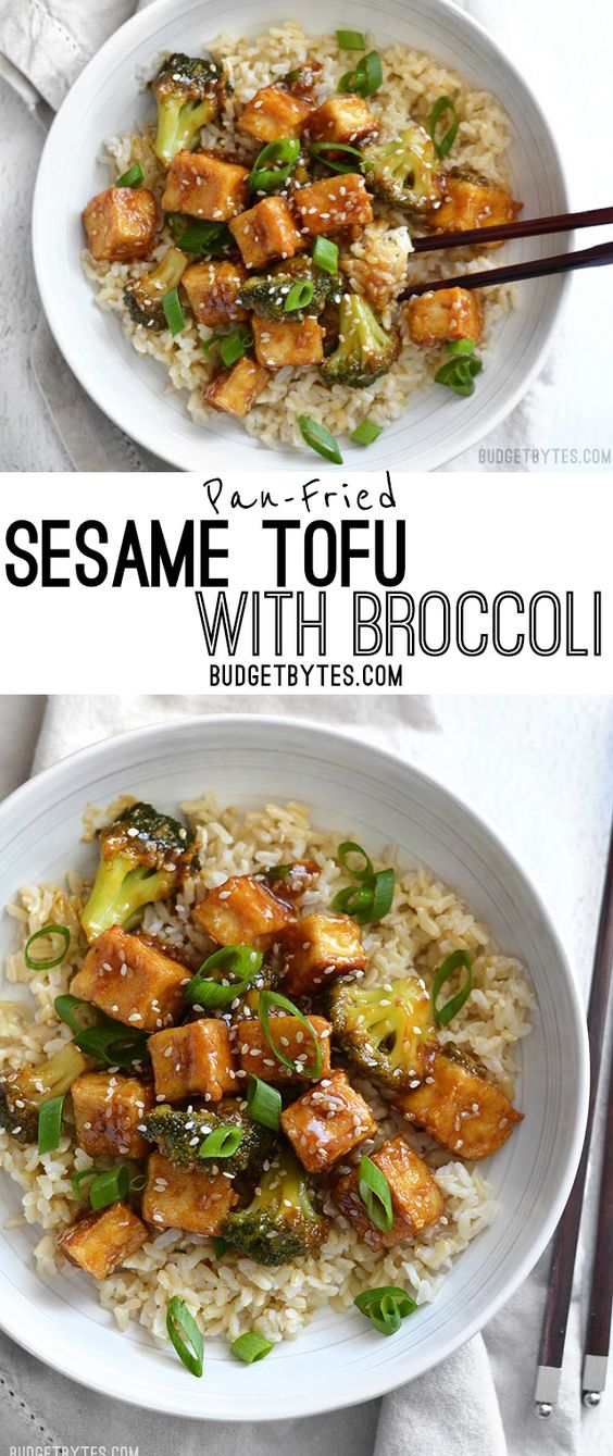 This Pan Fried Sesame Tofu is seriously crispy and drenched in a tangy sesame sauce. Broccoli florets and cooked rice make it a meal. Step by step photos. - BudgetBytes.com