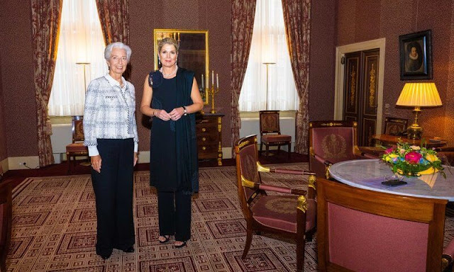 Queen Maxima wore a black dress from Natan Couture Spring Summer 2016 collection. President Christine Lagarde