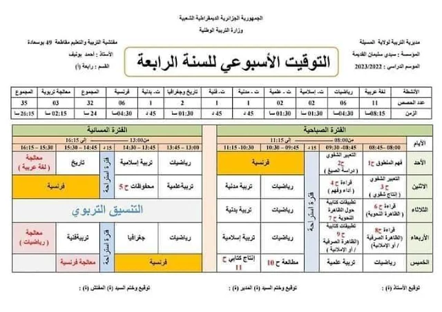 التوزيع الشهري للسنة الرابعة ابتدائي 2024/2023