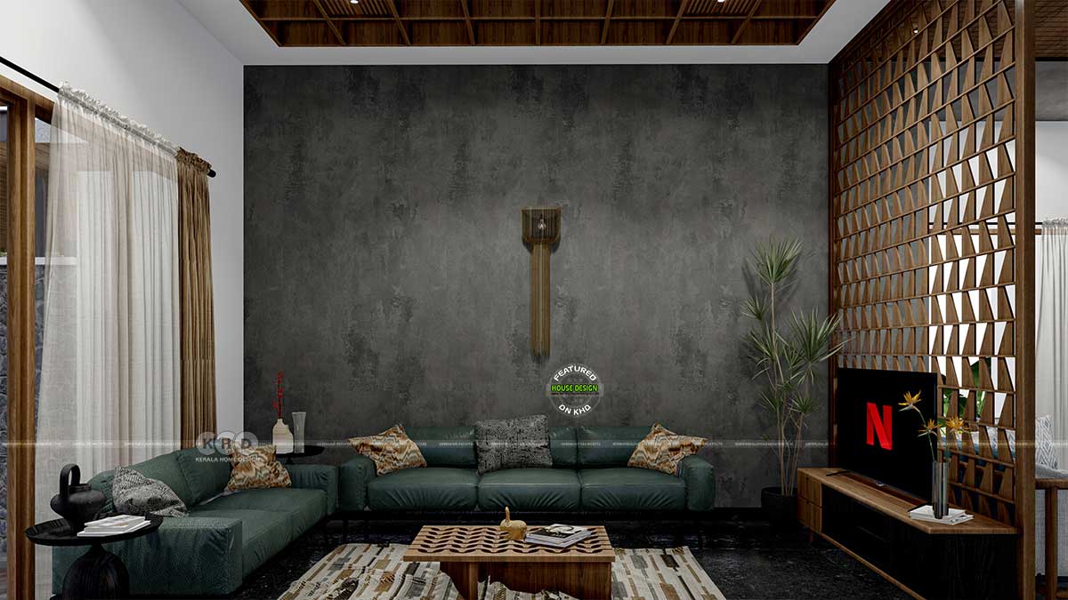 Contemporary Living Room with Dark Green Luxury Sofa, Grunge Painting, and Cobogo Copacabana Coffee Table