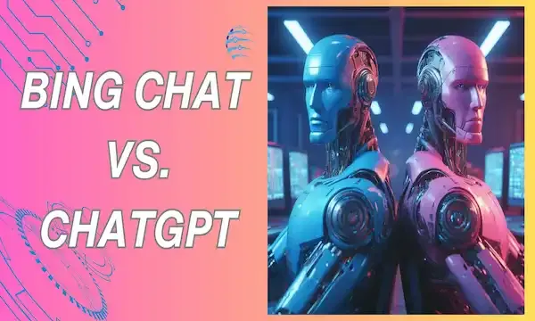 Two giant robots are sitting back-to-back. The are representing Bing and ChatGPT. One of them is blue and the other is pink. The faces of the two robots are very serious and facing the camera. They are sitting in a computer lab. Ther is a sign on their left indicating "Bing Chat Vs ChatGPT"