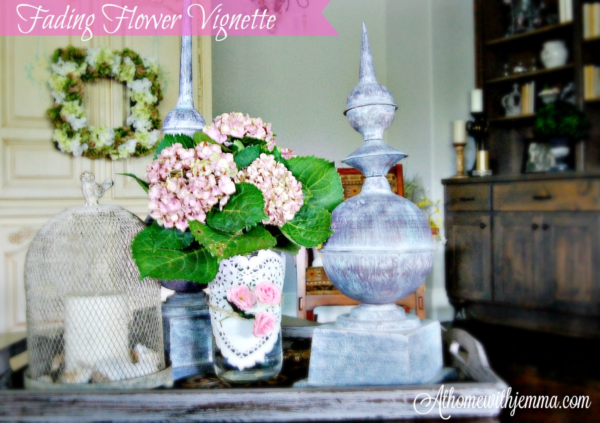 wood tray, seashells, candle, birdcage, doily, hydrangeas