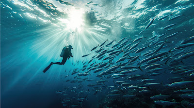 scuba diver underwater with pool of fishes