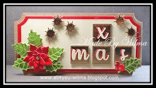 Een slimline-kerstkaartje met 4 "gouden" vierkantjes met daarop "xmas" en een poinsettia omgeven door verschillende blaadjes. A slimline Christmas card with 4 "gold" squares with "xmas" on them and a poinsettia surrounded by different leaves.