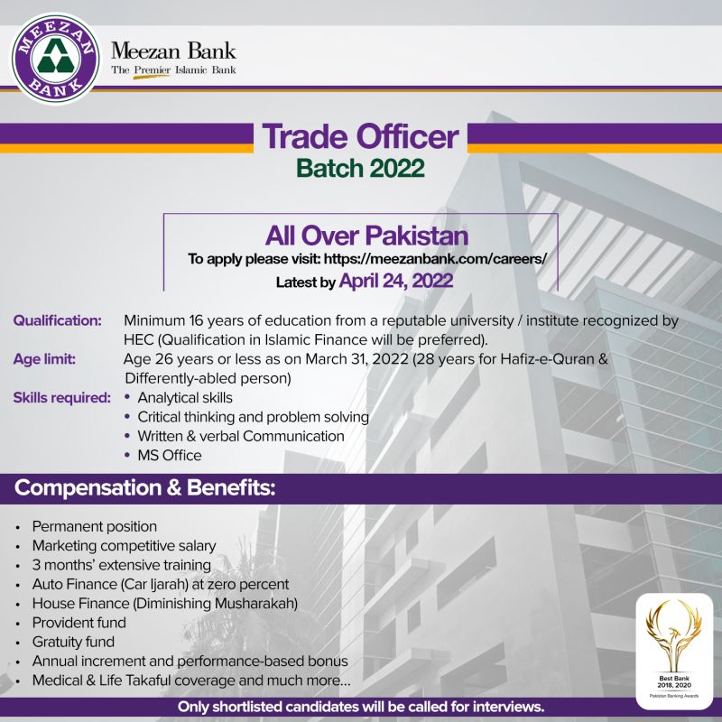 Meezan Bank Ltd Jobs Trade Officer Batch 2022.