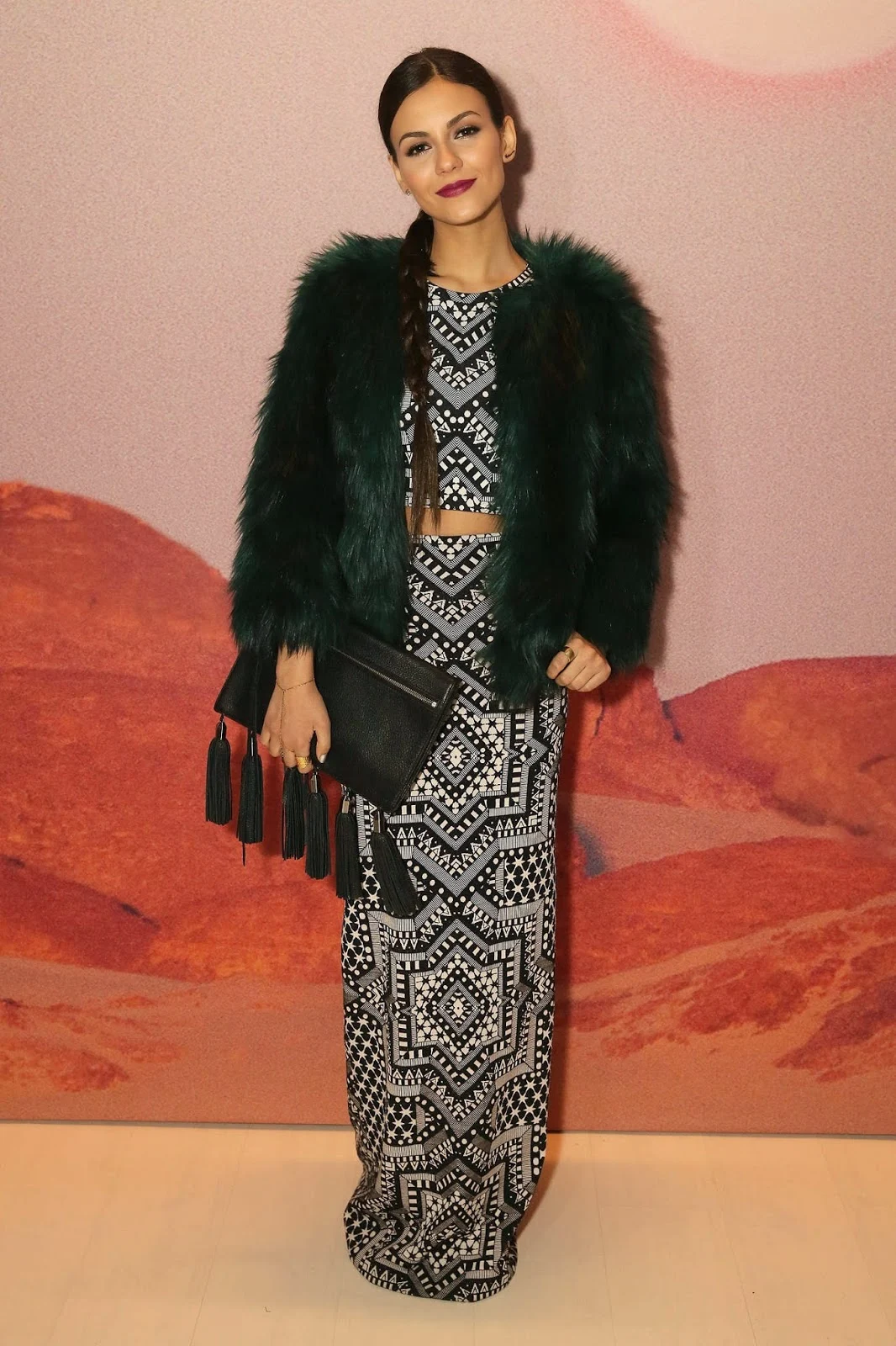 Victoria Justice in a geometric print cropped top and skirt at the New York Fashion Week F/W 2015