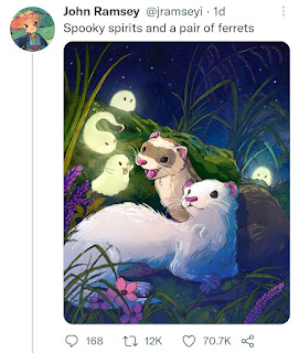A screenshot of a tweet by John Ramsey where he shares his digital painting of two ferrets coming nose-to-nose with a handful of tiny, cute and glowing ghosts.