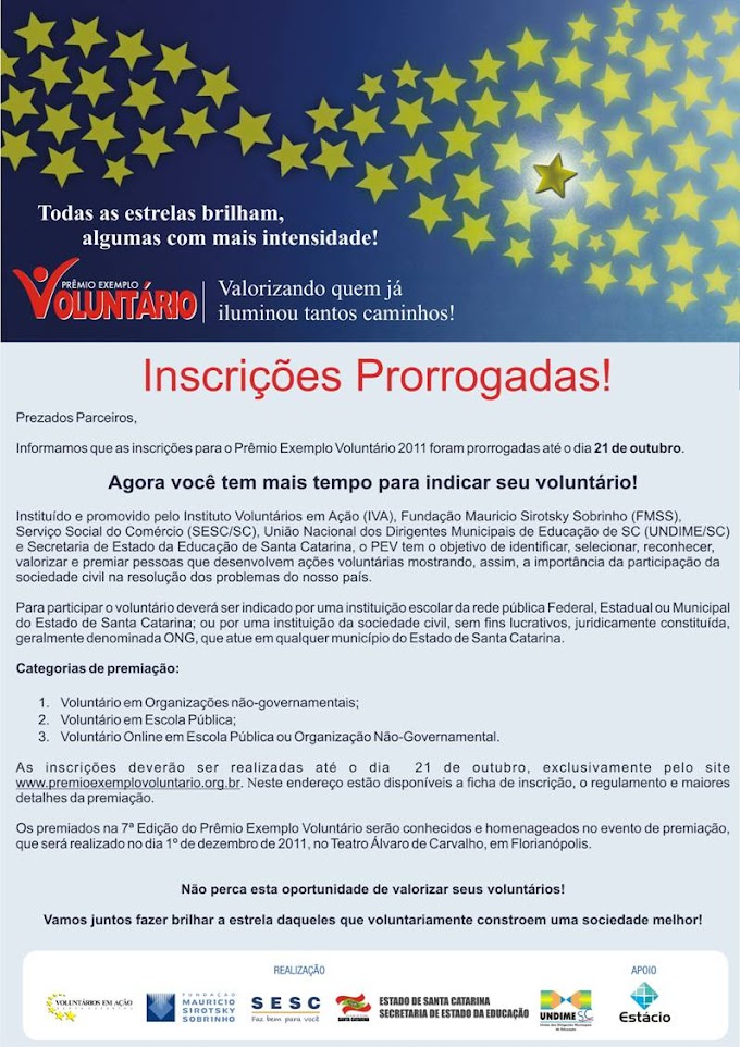 Prêmio Exemplo Voluntário - Prorrogadas as inscrições