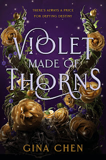 book cover of Violet Made of Thorns with dark purple background, gold filigree surrounding the title in white