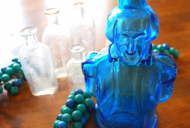 1970's bitters bottle :: Blue Glass George Washington Bust :: Blueberry Bog