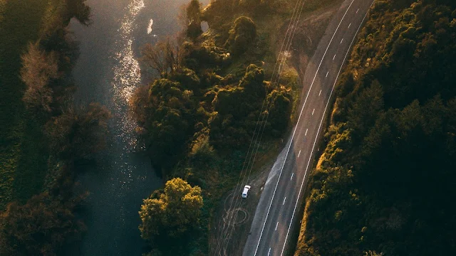 Wallpaper Drone Road Photo, Aerial View, River, Sunlight, Trees