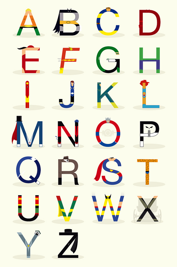 Full alphabet with each letter illustrated to suggest a superhero whose name begins with it, F leaning forward as if in motion