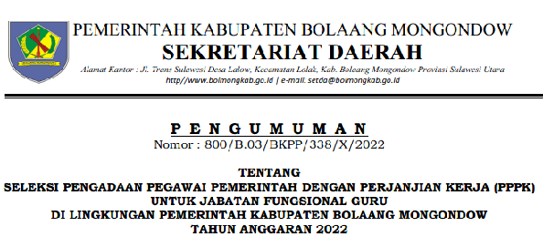 Rincian Formasi ASN PPPK Kabupaten Bolaang Mongondow Tahun 2022