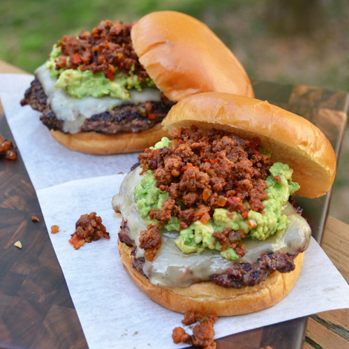 Avocado, Chorizo, and Pepper Jack Cheeseburger cooked on a Big Green Egg