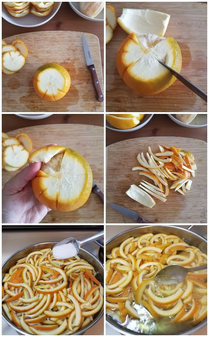 Preparación de las pieles de naranja para hacer la confitura