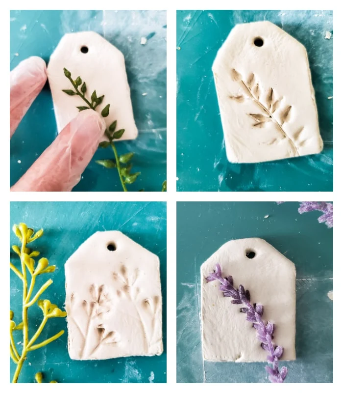 botanicals pressed into clay tag to leave impression