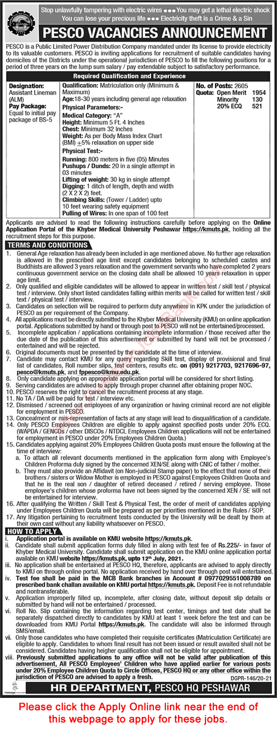 https://kmuts.pk - Assistant Lineman ALM Wapda Jobs 2021 - Peshawar Electric Supply Company PESCO Jobs 2021