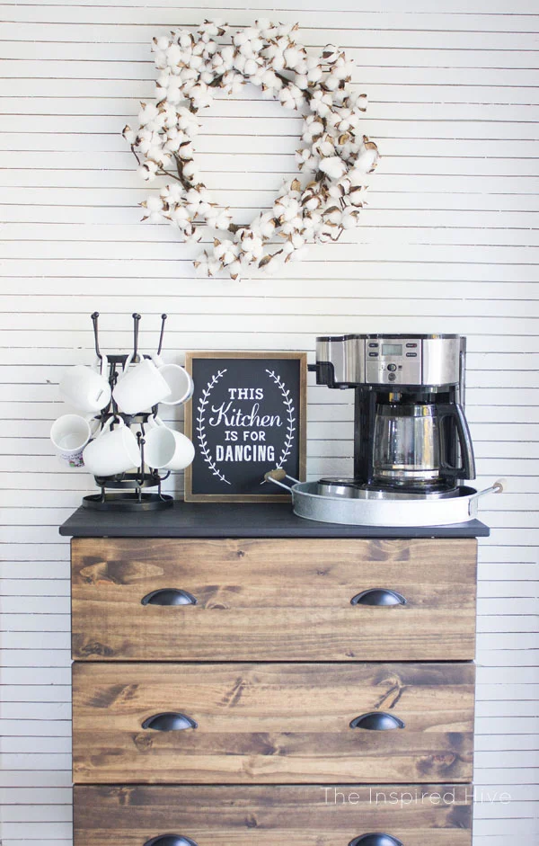 DIY skinnylap wall and farmhouse style coffee bar.