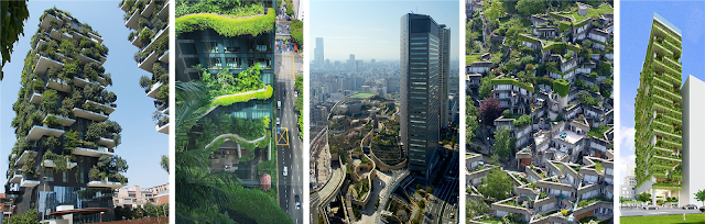 Photos of five featured buildings, “Bosco Verticale,” Parkroyal on Pickering, Namba Parks, Ivry-sur-Seine, and the Chicland Hotel.