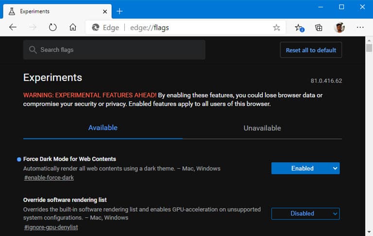 How to force enable dark mode for web contents in Microsoft Edge