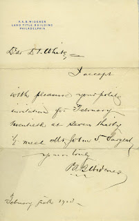 P.A.B. Widener's dinner invitation acceptance. Thomas B. Brumbaugh collection of 19th and 20th century American artists' correspondence 1831-1979.