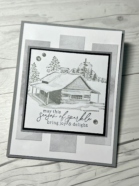 Monochromatic winter card using Stampin' Up! Magica Meadow Stamp Set and Peaceful Cabin Stamp Set