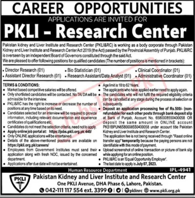 Pakistan Kidney And Liver Institute PKLI Jobs Advertisement 2023