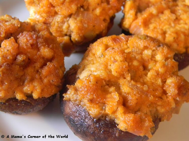 Mushrooms stuffed with a buffalo style cheese and vegetable filling.