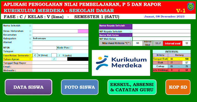 Aplikasi Olah Nilai (AON) Raport Kelas 5 SD/MI - Kurikulum Merdeka Semester Ganjil Tahun Pelajaran 2023/2024