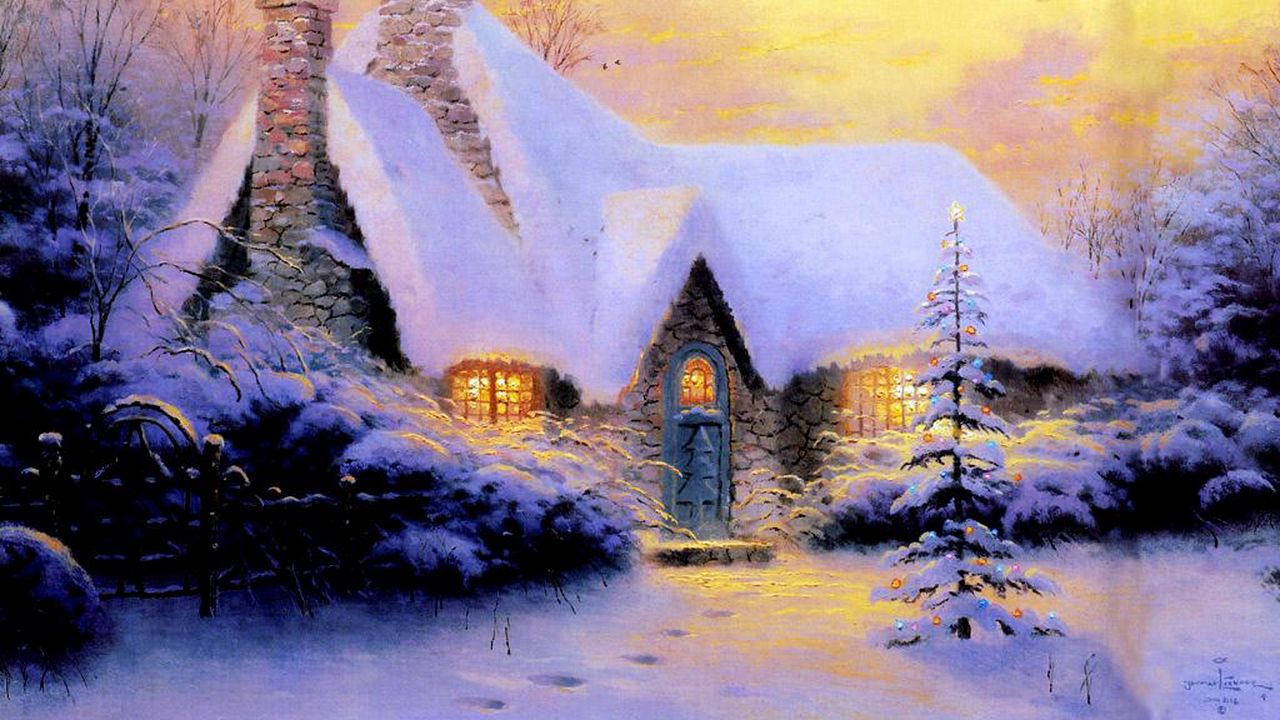 Wallpaper Christmas New Year House Fur Tree Snow Winter Light Stone