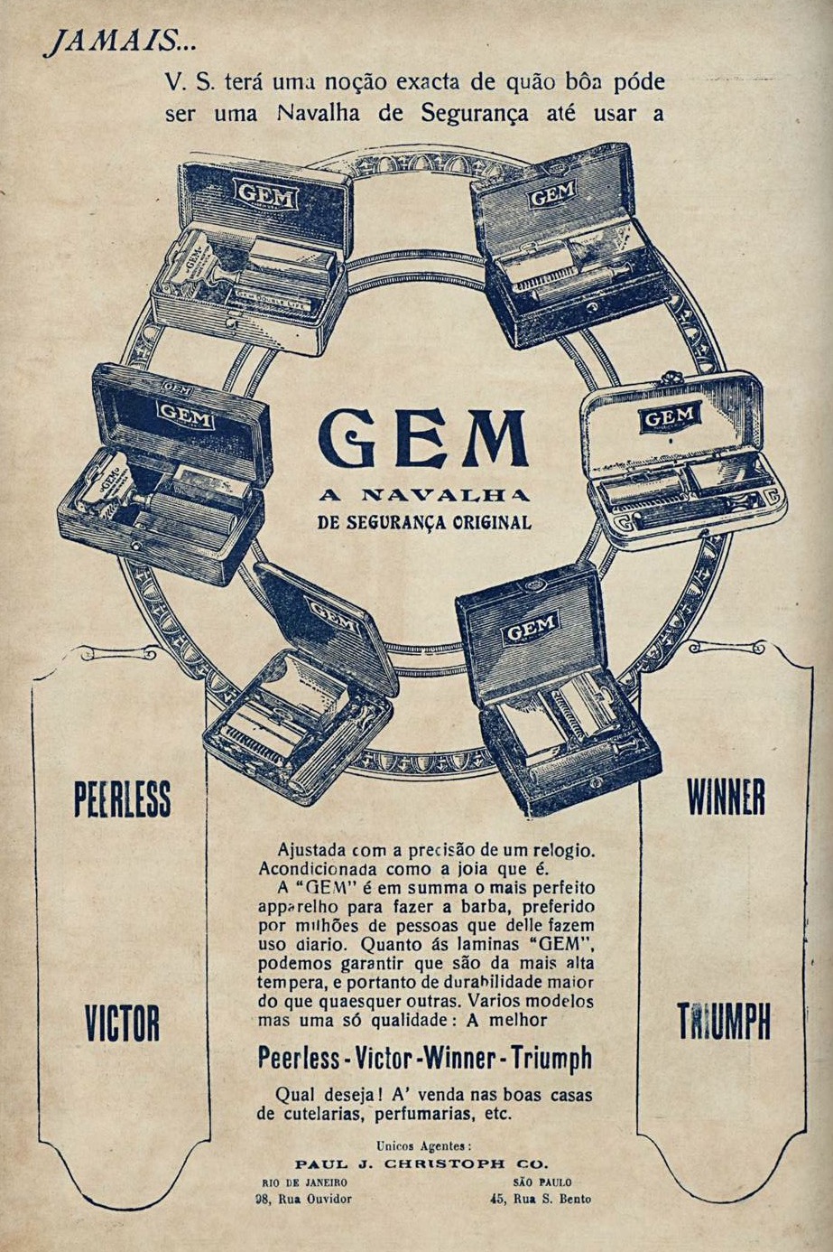 Anúncio de 1923 apresentando a segurança das lâminas e navalhas de barbear da marca GEM
