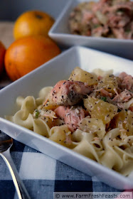 A recipe for salmon and fresh oranges in a poppy seed vinaigrette, served over hot pasta. The bright and fresh flavors of this dish lighten up the dark winter days.