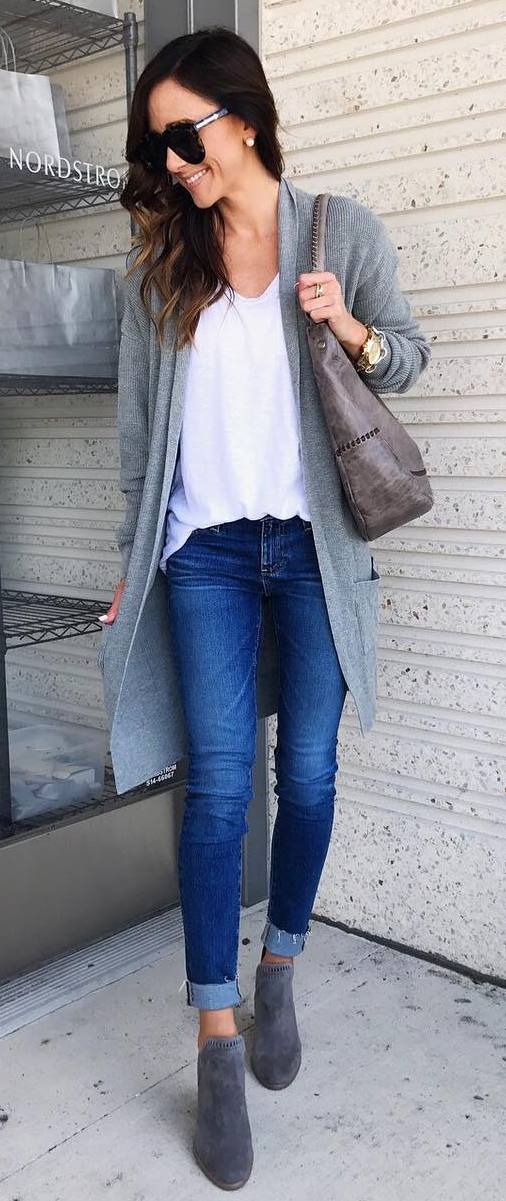 casual style addict / grey cardigan + bag + skinny jeans + boots + white tee