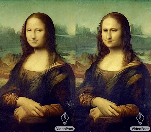 为一幅画添加动态效果，以展现不同的场景。左图展示的是：“一位女士转头朝着相机看去。” 右图则展示：“一位女士正在打哈欠。” **