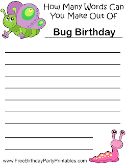 Free Bug Birthday Party Printables- How Many Words Game