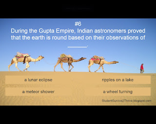 During the Gupta Empire, Indian astronomers proved that the earth is round based on their observations of ______. Answer choices include: a lunar eclipse, ripples on a lake, a meteor shower, a wheel turning