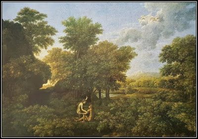 Nicolas Poussin’s painting depicts a green scenery with a couple sitting on the grass