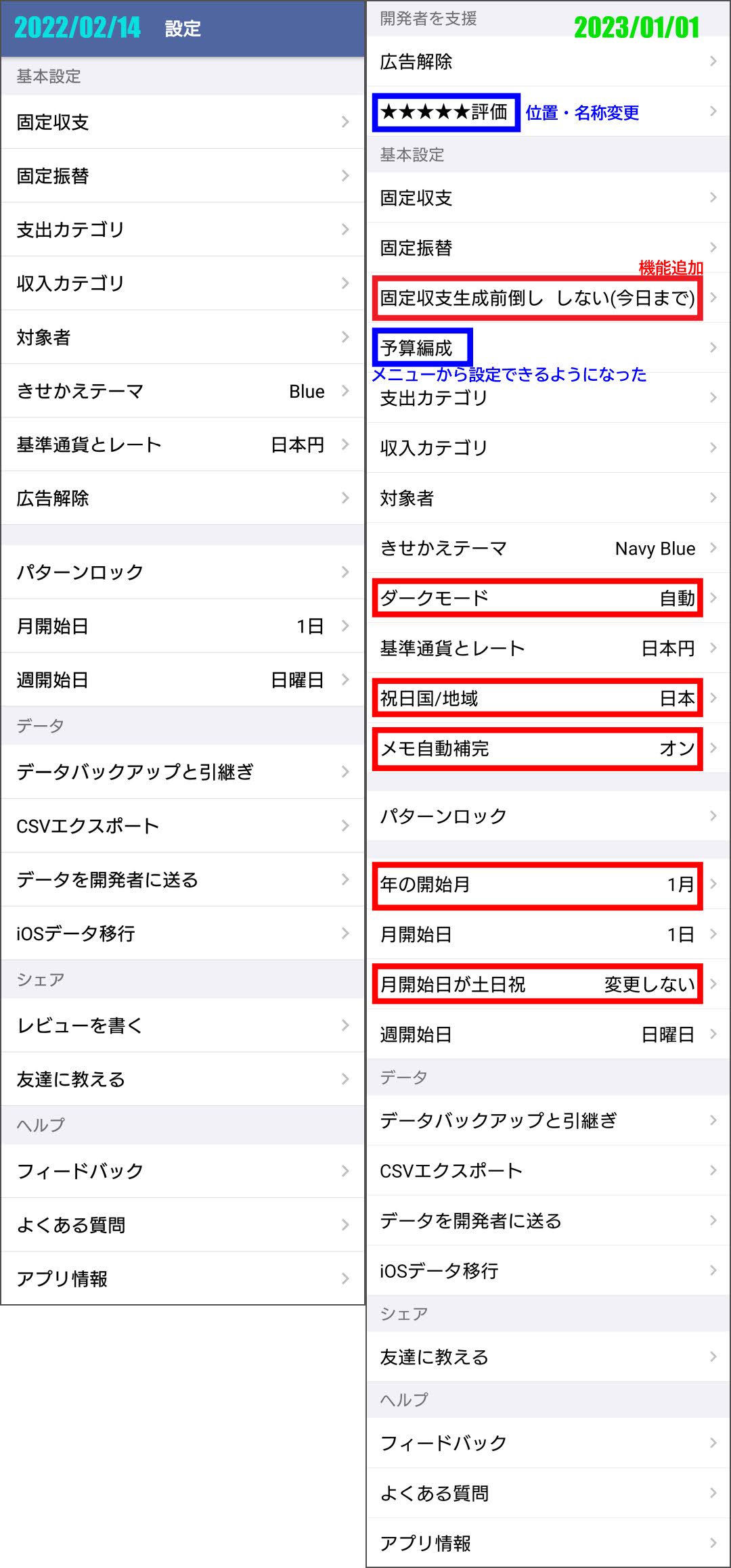 毎日家計簿の設定メニューの進化