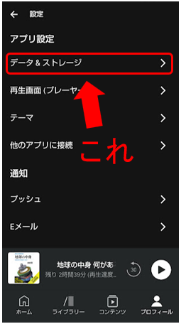 Audible（オーディブル）の自動ダウンロードの設定方法その3_設定メニューからデータ＆ストレージを選択