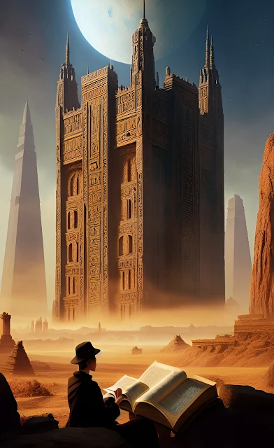 Escritor de chapéu preto olhando para uma torre no deserto