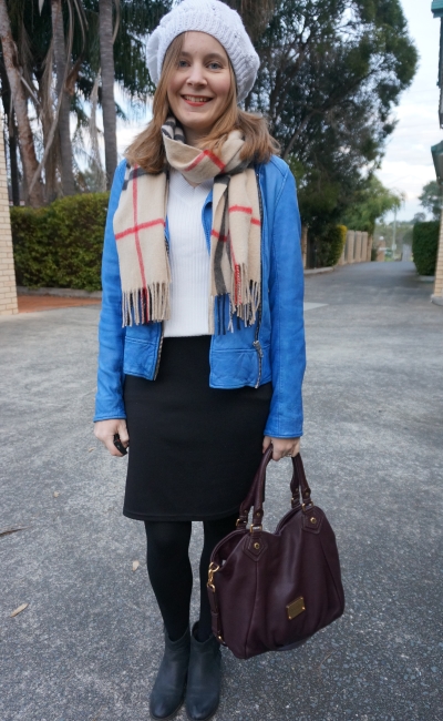 knitted beanie tartan scarf cobalt leather jacket black white office wear winter