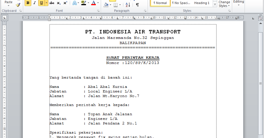 Contoh Surat Perintah Kerja Resmi Docx