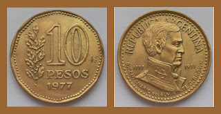 A4 ARGENTINA 10 PESOS COMMEMORATIVE COIN XF (1977)