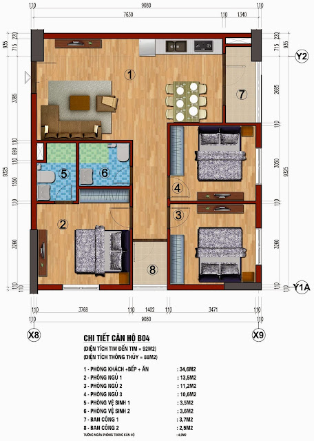 Mặt bằng  Tòa B Căn hộ B04: tim tường = 92m2 - thông thủy = 88m2 Dự án Chung cư 283 Khương Trung-   Bộ Công An - Thanh Xuân - Hà Nội