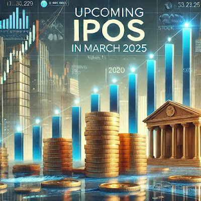 "Upcoming IPOs in March 2025 – A stock market-themed image with rising charts, stacks of coins, and a stock exchange building, representing financial growth."