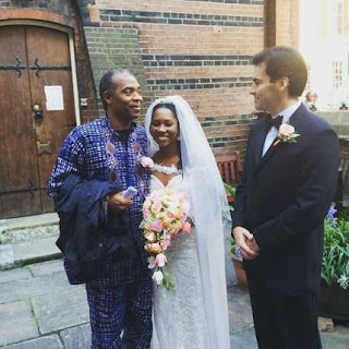 Mr and Mrs Benedict Jacka pose with Uncle Femi Kuti