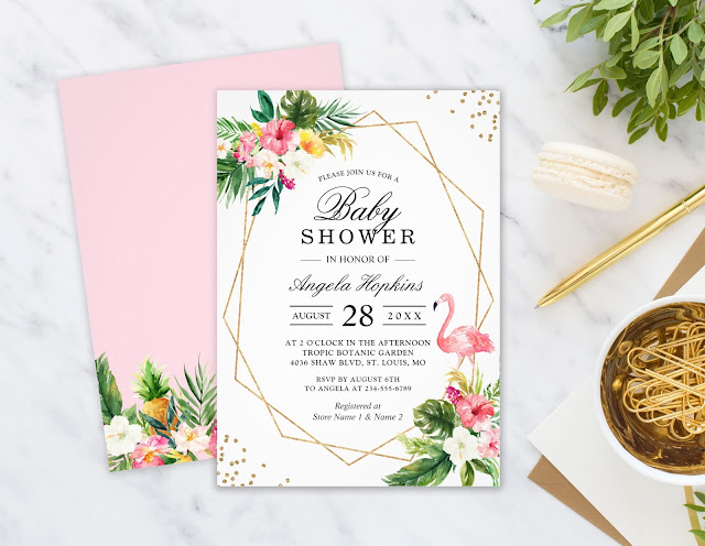  Tropical Floral Gold Glitters Flamingo Baby Shower Invitation