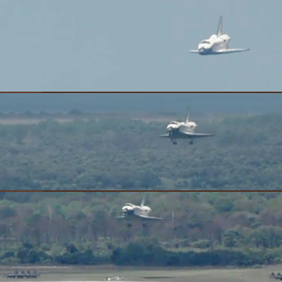 Shuttle Discovery: Last approach as it lands on runway 15 of Kennedy Space Centre. NASA, 2011.